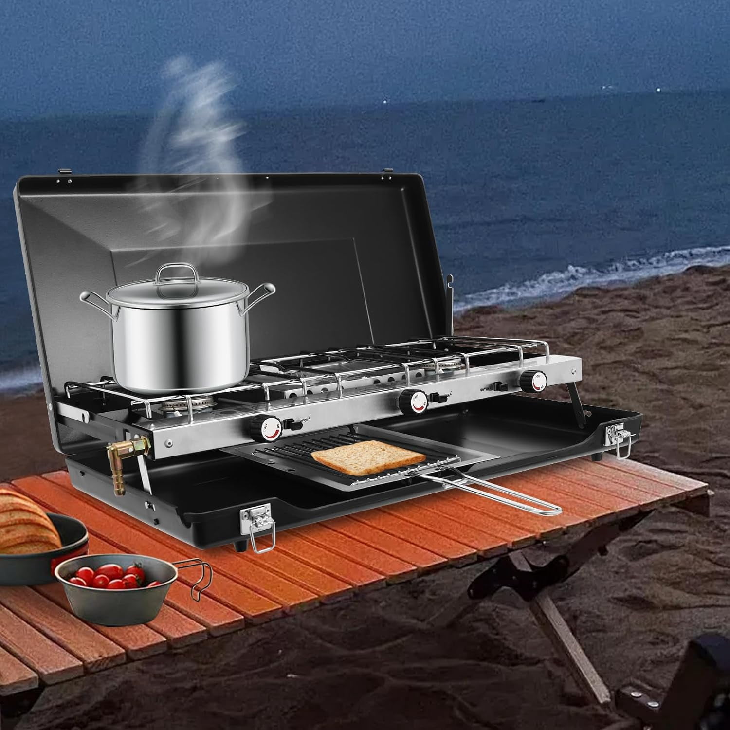 Gas Camping Stove, Portable Cooking Stove, 3-Burner Camping Stove with Griddle, Regulator, Toast Tray, Windshield for Car Camping BBQ