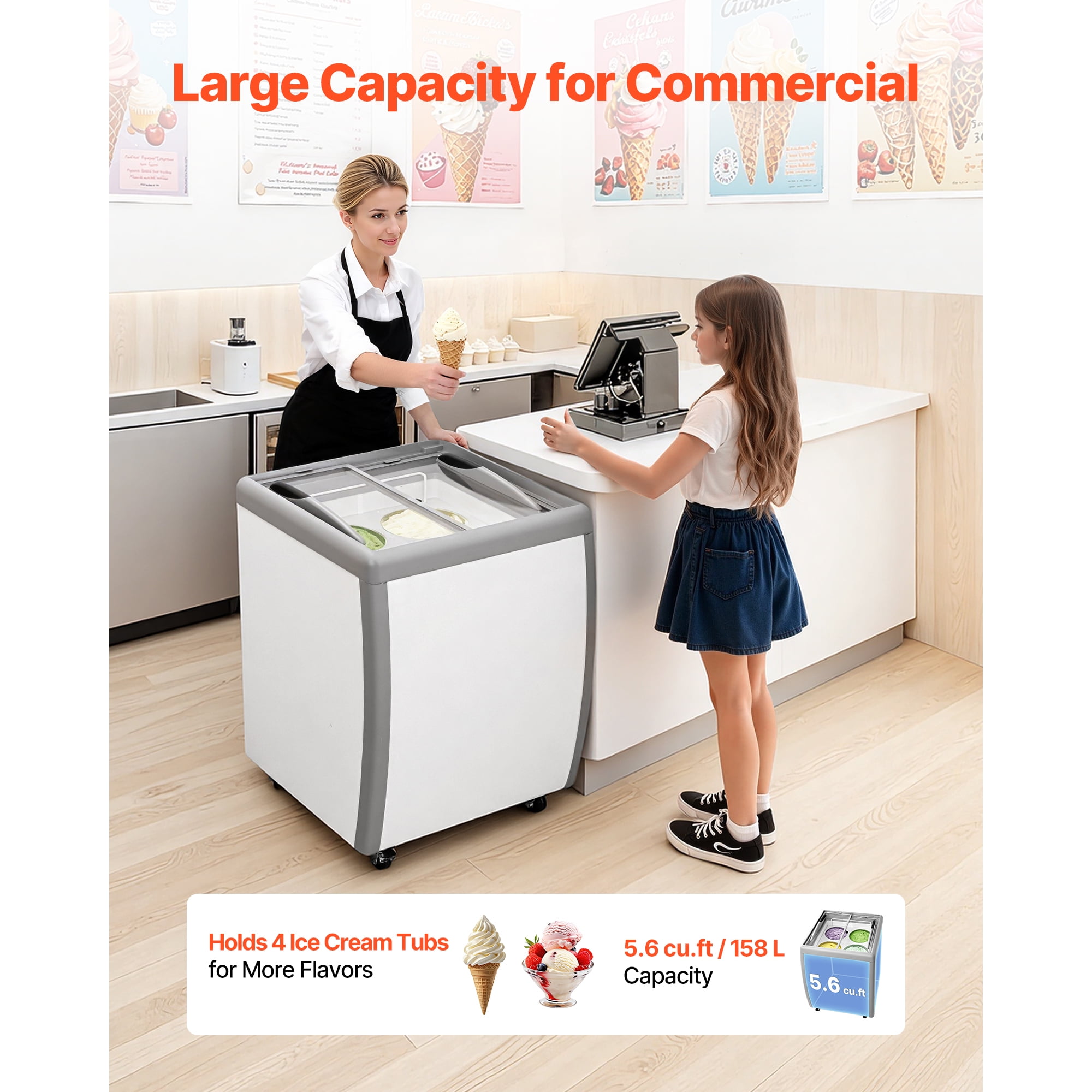 KFFKFF Commercial Ice Cream Display Case, 5.6 Cu.ft Chest Freezer, Gelato Dipping Cabinet for Restaurants, Deep Freezer with Casters, Sliding Glass Door, LED Lighting, Fits 4 Ice Cream Tubs