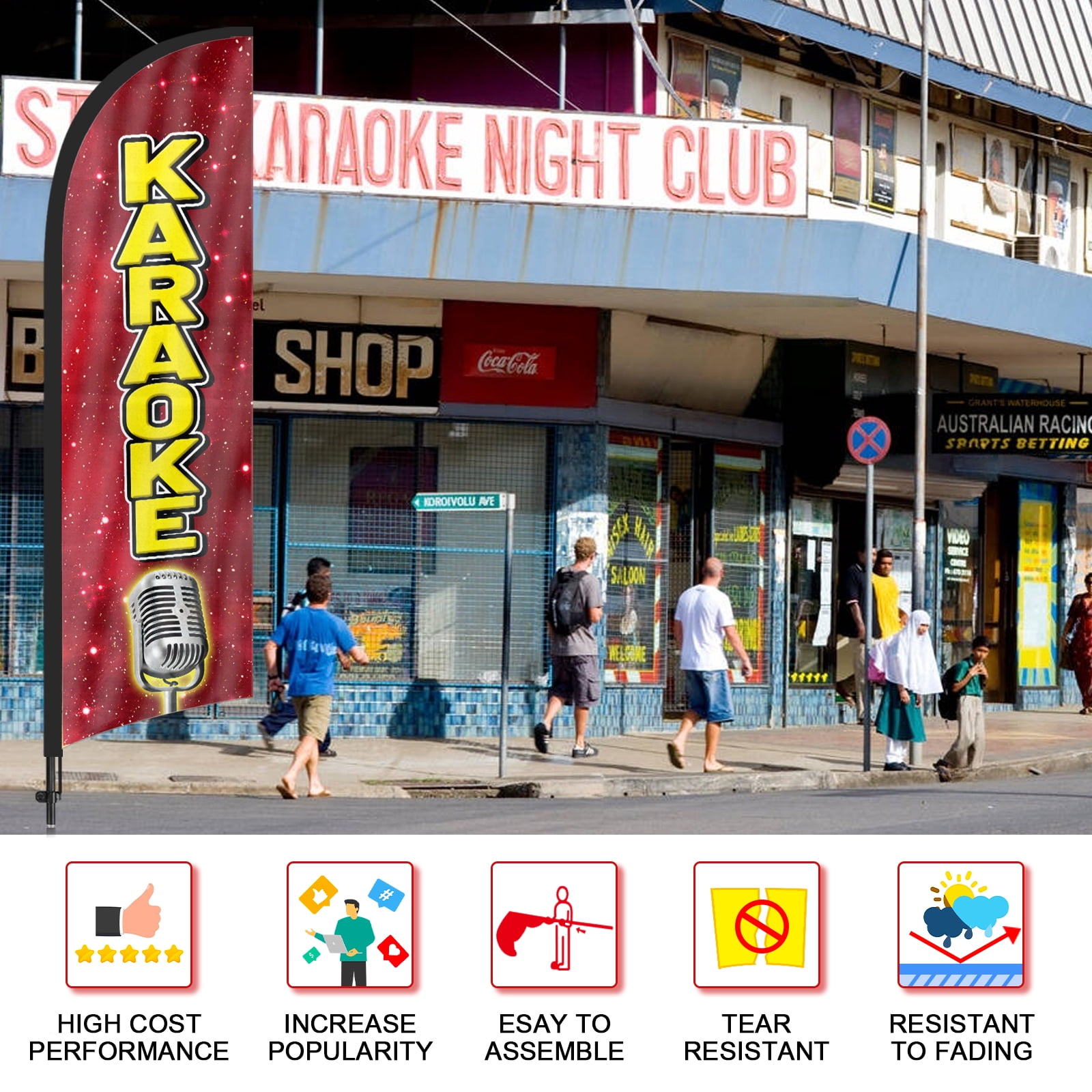 QSUM Karaoke Feather Flag with Flag Pole Kit and Ground Spike, 8.2FT Karaoke Windless Flag Banner Sign Business for Outdoor Advertising Sign Decoration Display