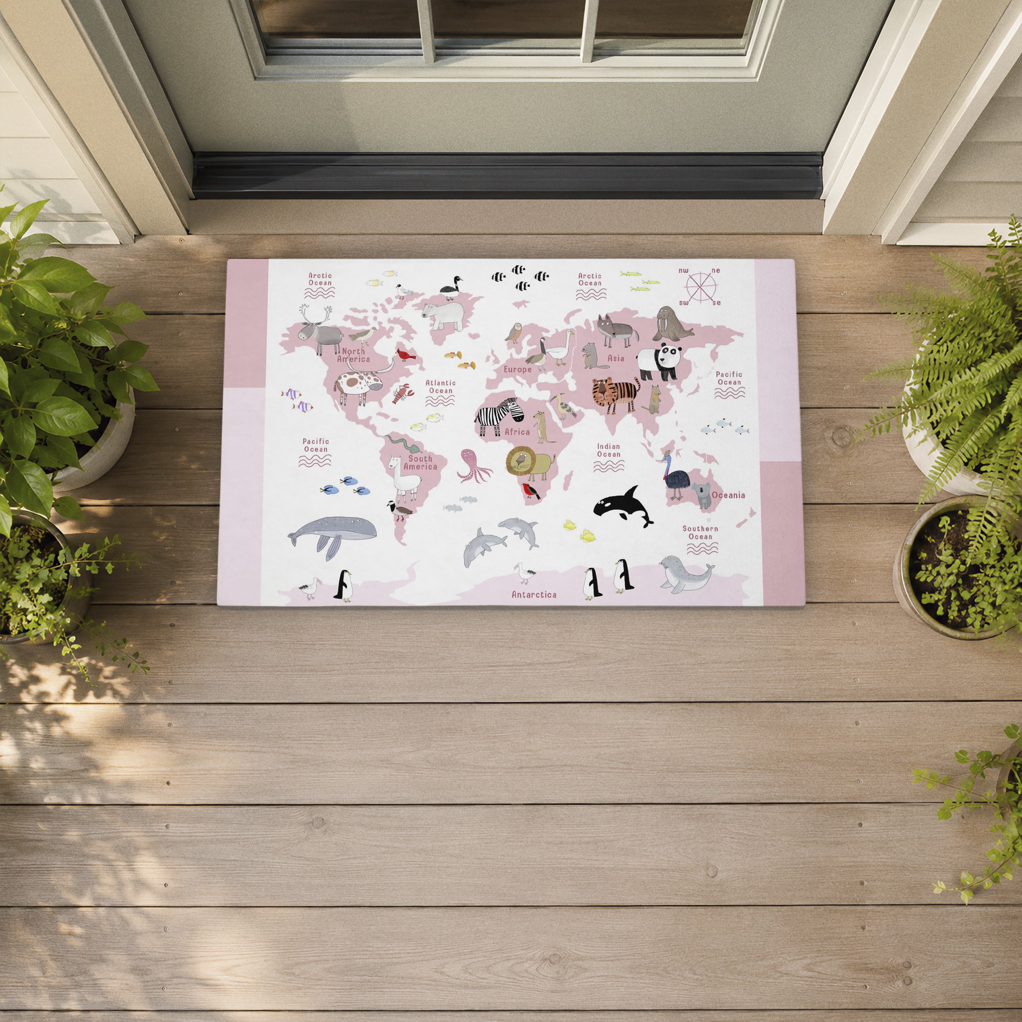 Stupell Industries Pink World Animals Map Printed Outdoor Door Floor Mat, design by Carla Daly