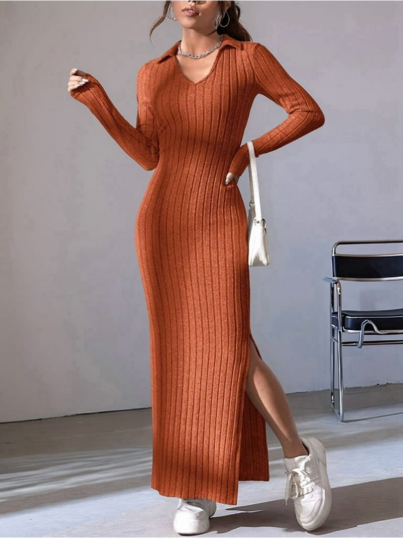 brown ribbed collar dress Self-Portrait Women's Ribbed Midi Dress - Brown