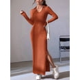thumbnail image 5 of Women'S Long Sleeve Collar V Neck Maxi Dress Slit Thigh Ribbed Knit Bodycon Dresses Reddish Brown XL, 5 of 9
