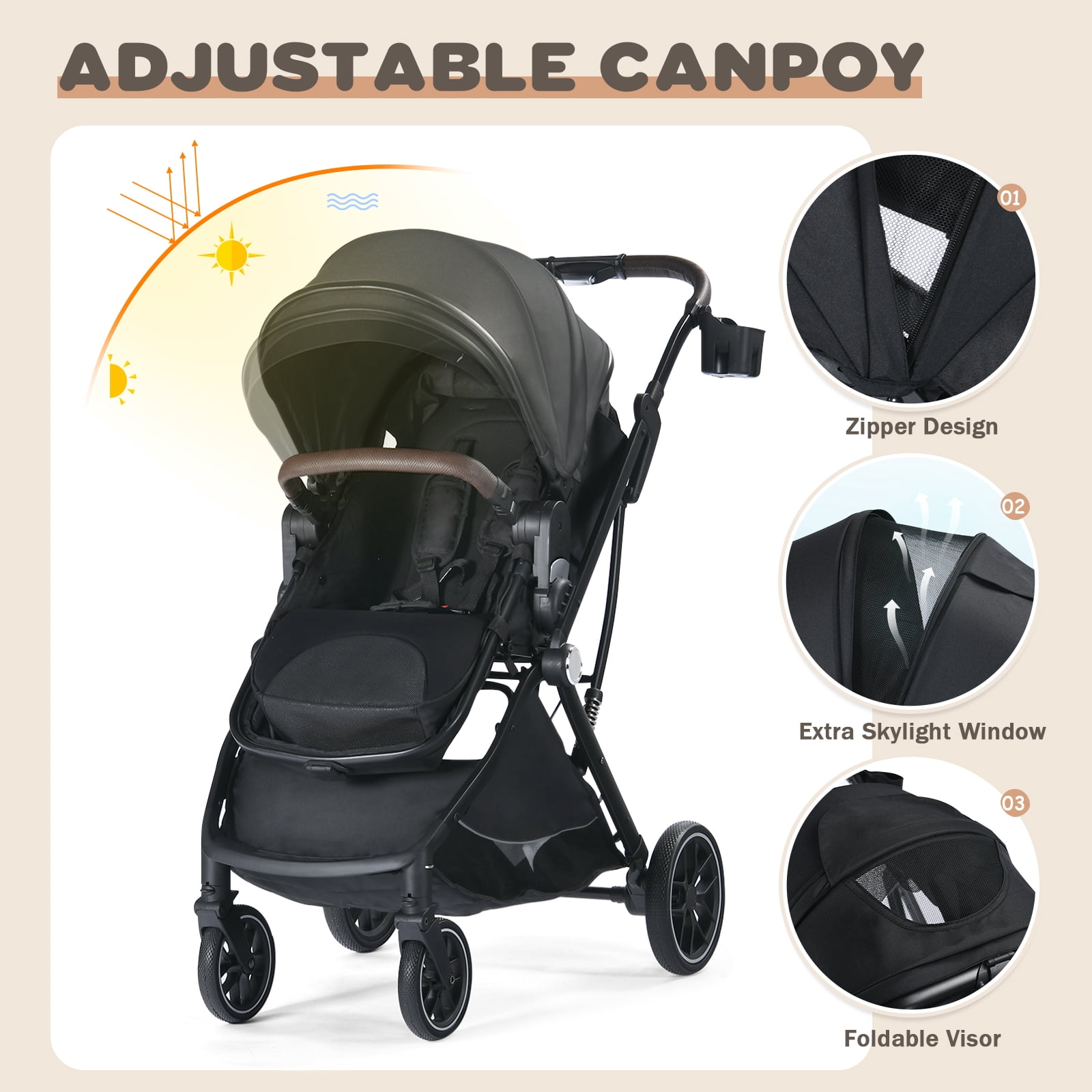 AILEEKISS Baby Stroller, 3 in 1 Stroller for Newborn, Folding Infant Pushchair, 22LB, Black