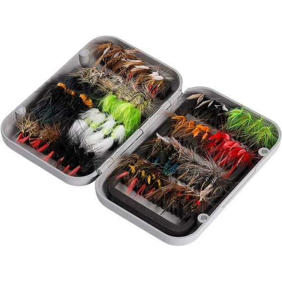 Fly Fishing Assorted Flies Kit, Pack of 64 pcs Including Dry and Wet Flies, Nymphs, Streamers, Terrestrials, Leeches and More, with Magnetic Fly Box
