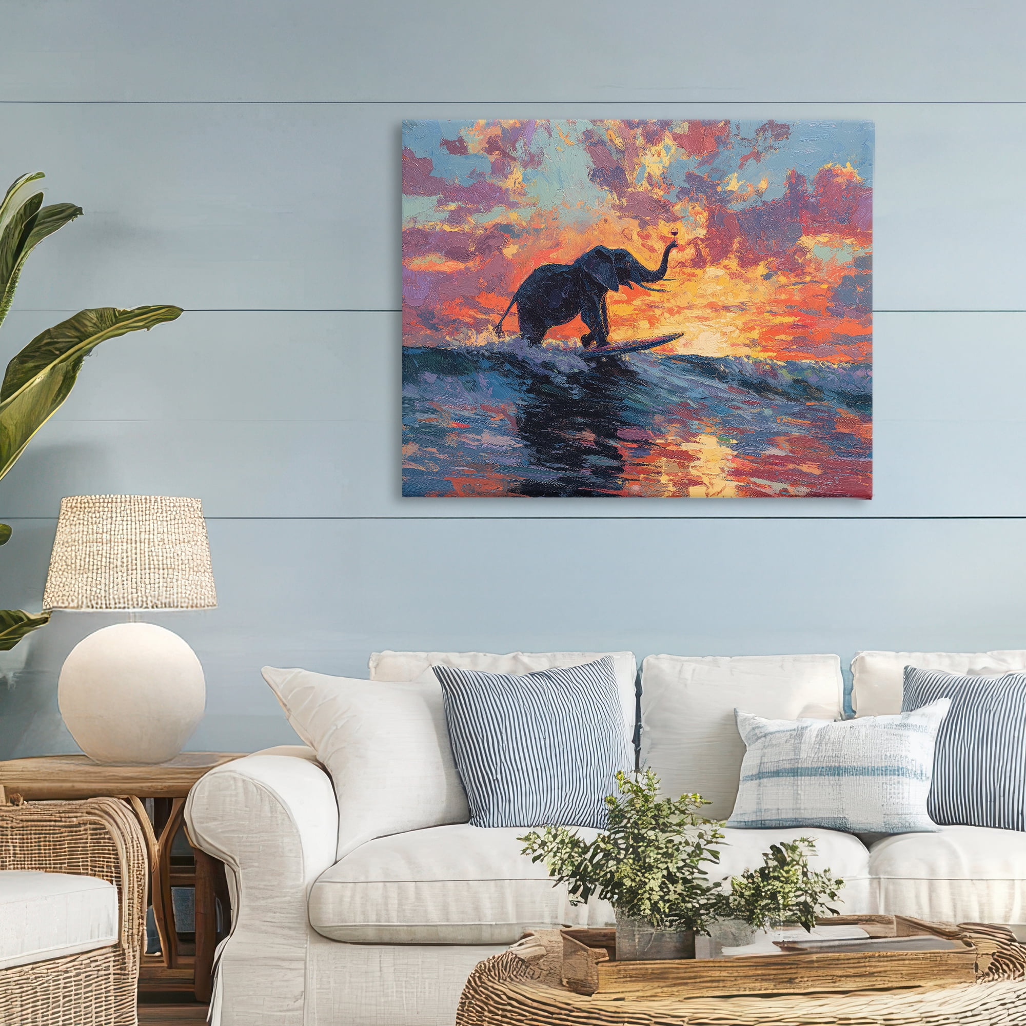 Sunset Surf Elephant Canvas Wall Art, design by Ziwei Li