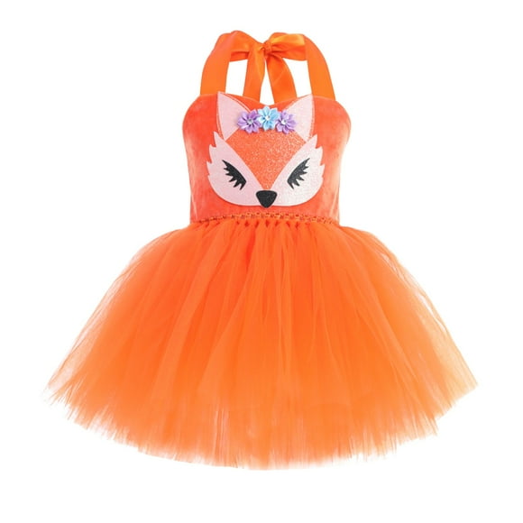 XQYLOS Robe Tutu Motif Renard en Peluche Col Halter Respirante Couches de Tulle Thème Robe de Fête Coutures Non Irritantes Costume de Jeu pour Tout-Petits (Orange 6-12 Mois)