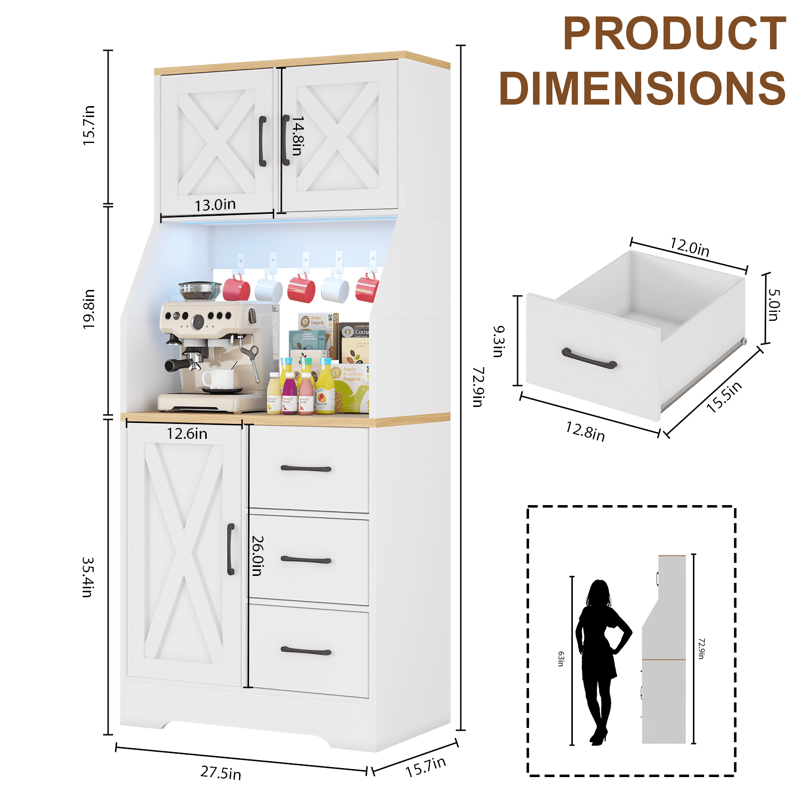 LLappuil 69" Kitchen Pantry, Kitchen Pantry Storage Cabinet with LED Light & Outlet, Kitchen Hutch with 6 Hooks, Drawer, Adjustable Shelves White