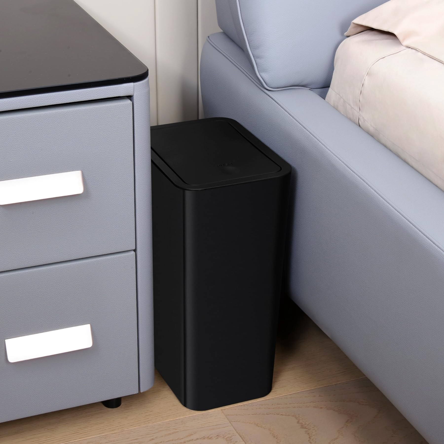 Bathroom Trash Can with Lid 10 Liter Slim Garbage Bin Small Waste Basket Pop-Up Lid for Kitchen Bedroom Living Room Office Black