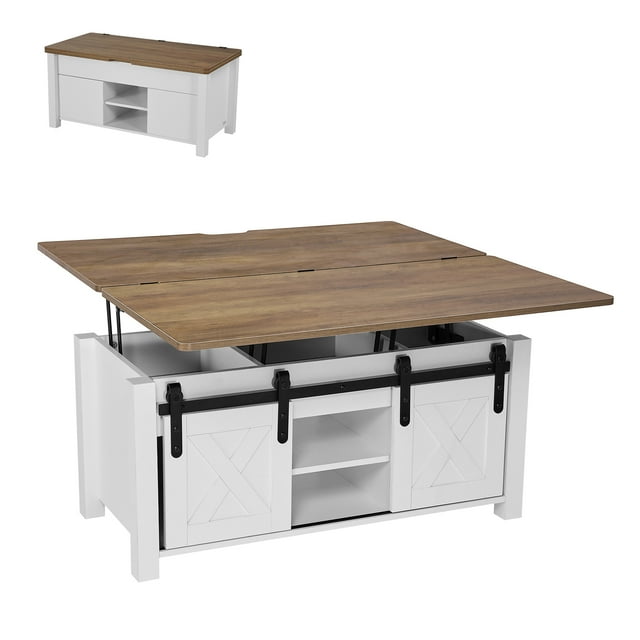 VEVOR 39.4 in Farmhouse Lift Top Coffee Table, Rustic Center Table with Barn Door and Hidden Storage Compartment, Modern Rectangle Lifting Tabletop for Living Room, Office, Home, Easy Assembly, Brown