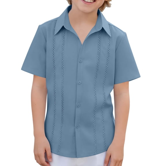 Dagugfen Cotton Linen Button down Shirts for Teen Boy Short Sleeve Collared Neck Lightweight Breathable Summer Casual Shirts 5-15 Years
