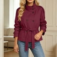 thumbnail image 3 of TGSLY Women's Fall High Collar Trench Coat Lightweight Double Breasted Short Jacket with Pockets Casual Solid Color Tab Cuff Long Sleeve Coat with Belt M, 3 of 8