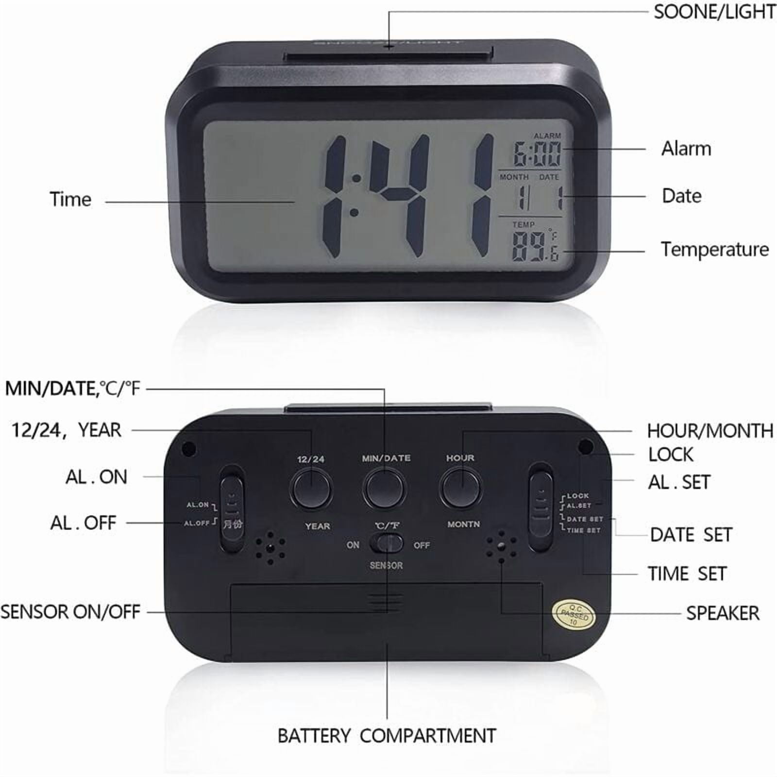 Digital Alarm Clock, Digital Clock Battery Operated Silent Alarm Clock for Kids Adults Large LED Display Temperature Calendar(Black)