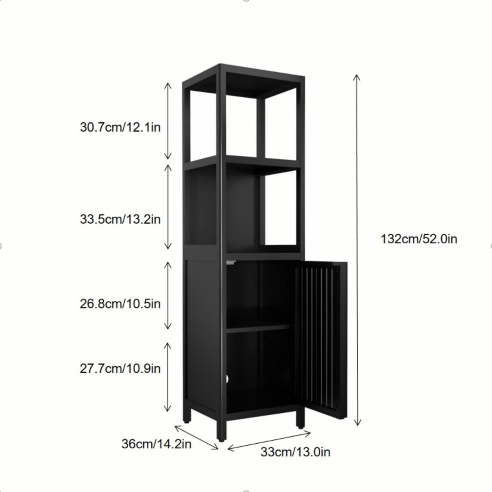 52" Bamboo Linen Tower Storage Cabinet, Bathroom Organizer with Doors & Open Shelves, Narrow Space-Saving Tall Cabinet, Black