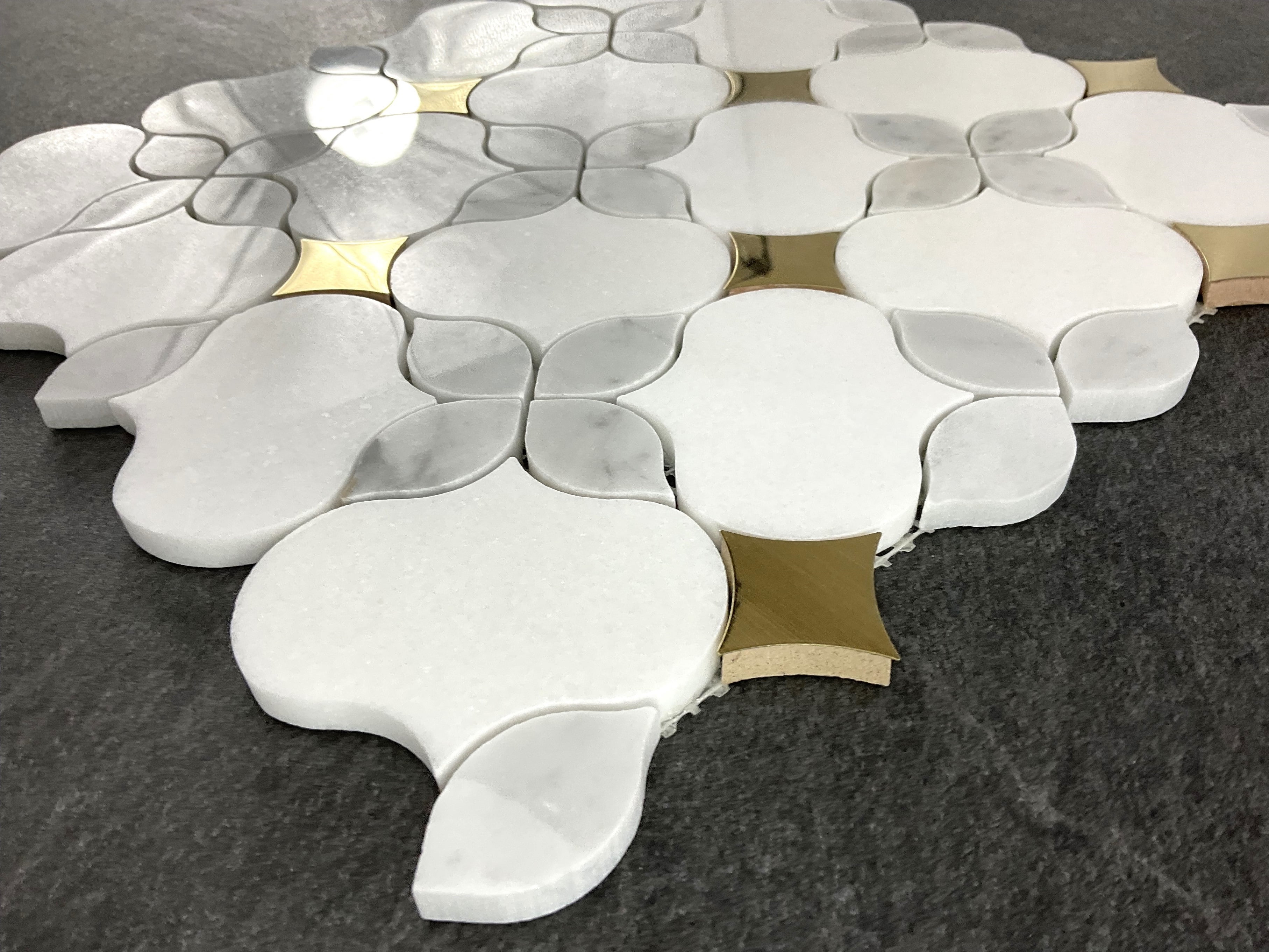 Waterjet Thassos White Marble & Gold Metal Floral Novelty Mosaic Wall & Floor Tile - Case (10 Sheets)