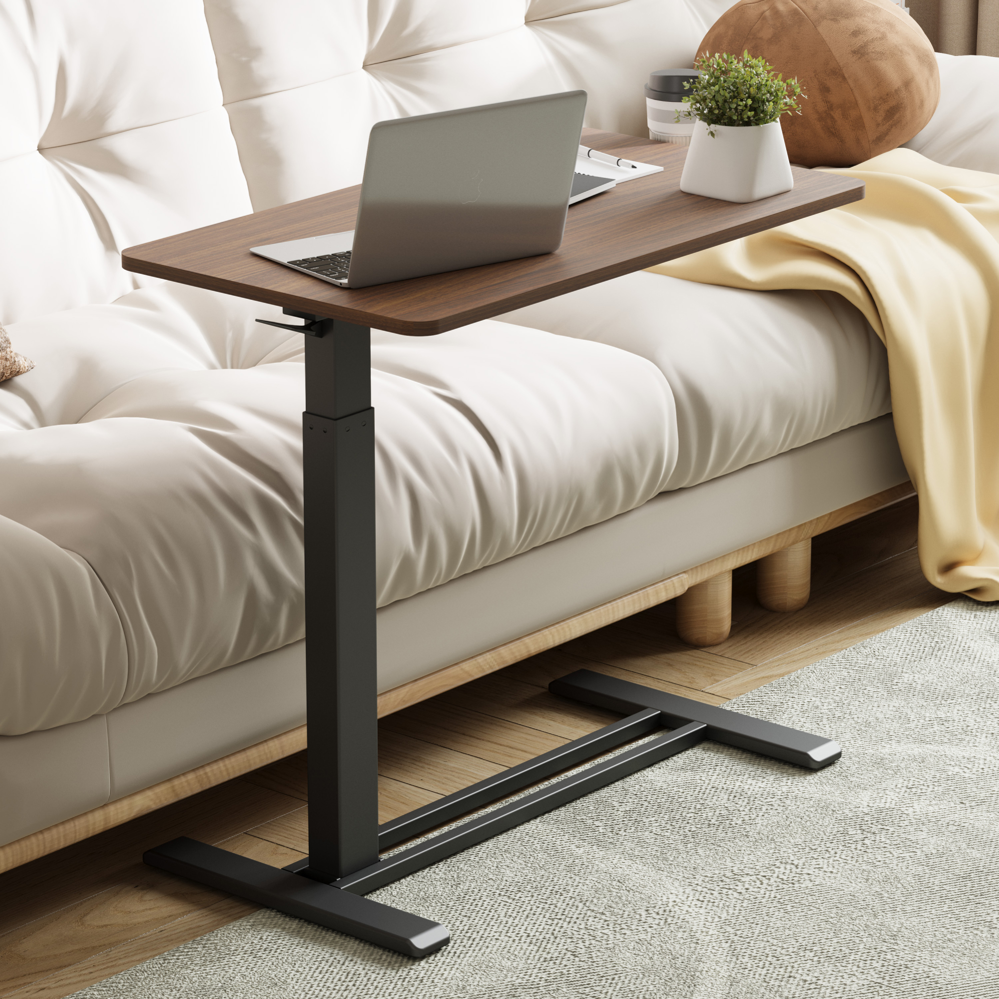 FitStand Adjustable Overbed Table with Wheels Laptop Table Standing Computer Desk Portable Stand-up Work Station Cart Tray Side Table for Sofa and Bed