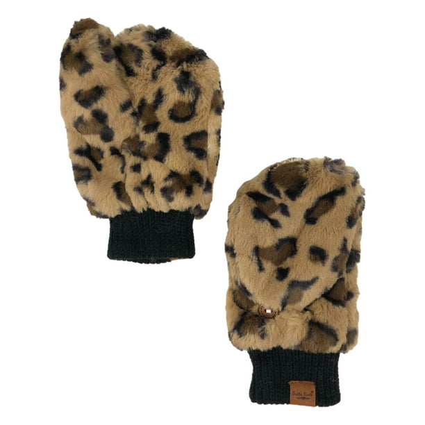 Womens Brown Leopard Print Faux Fur Convertible Fingerless Gloves Mittens -  