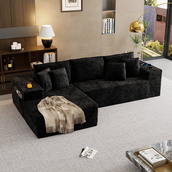 Netraty104'' L-Shape Cloud Sectional Couch, Modular Sectional Sofa with Side Pocket, Cup Holder&USB Port, Couch for Living Room Bedroom with Deep Seat, Plush Corduroy Fabric, No Assembly, Black