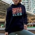 thumbnail image 2 of Thicc and Tatted Moms Club, Tattooed Mothers Group, Groovy Retro Wavy Text Merch Gift, Navy Blue Hooded Sweatshirt or Hoodie, Small, 2 of 5