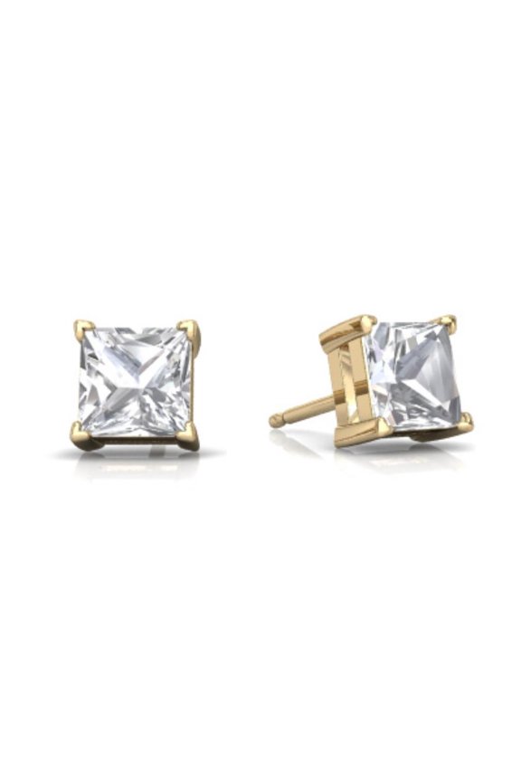 14Kt Yellow Gold White Sapphire Princess Cut Stud Earrings