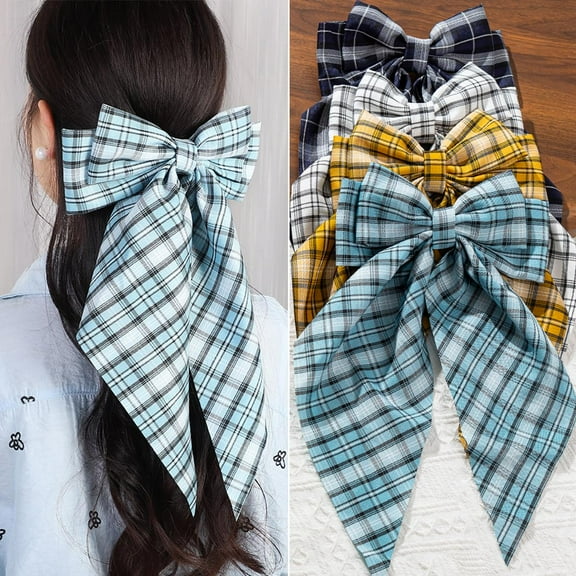 4PCS Hair Bows Set, Big Bow Clips for Thick Thin Hair, Non-Slip Plaid Bowknot Claw Clips, Hair Ribbons for Women Girls Christmas Festival Wedding Birthday Party Hair Accessories