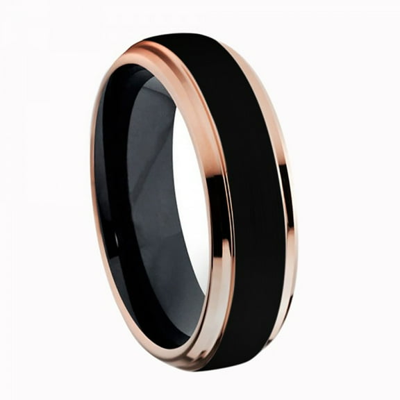 6mm Two-Tone Black IP & Rose Gold IP Brushed Center Step Edge Titanium Ring Wedding Band Ring For Men Or Ladies