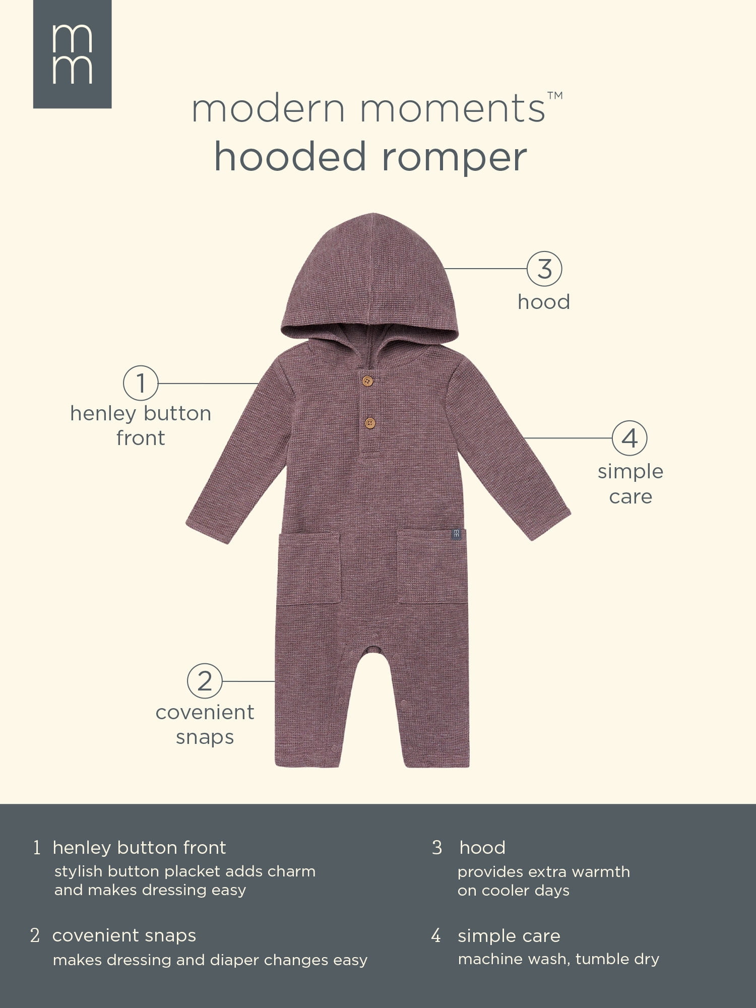 Modern Moments by Gerber Baby Boy Hacci Hooded Long Sleeve Romper, Sizes 0/3 Months - 24 Months