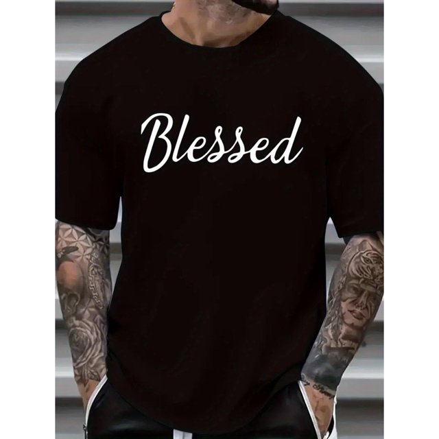 Plus Size Men's Novelty Letter BLESSED Print T-shirt, Casual Fashion Tee, Street Style Short Sleeve Crew Neck Shirt