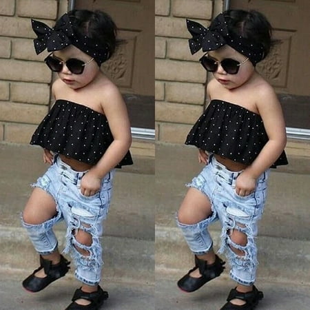 

Newborn Baby Girls Dot Wrapped Chest +Bog Hole Jeans Pants Outfits Clothing Set