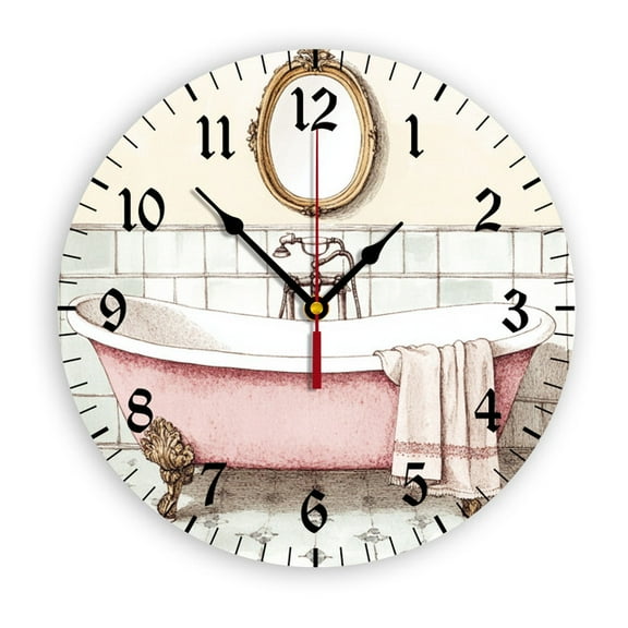 YladaFaie Watercolor Vintage Bathtub 10 Inch PVC Wall Clock - Silent Non-Ticking Battery Operated Decorative Clock for Kitchen, Home, Bedroom, and Office
