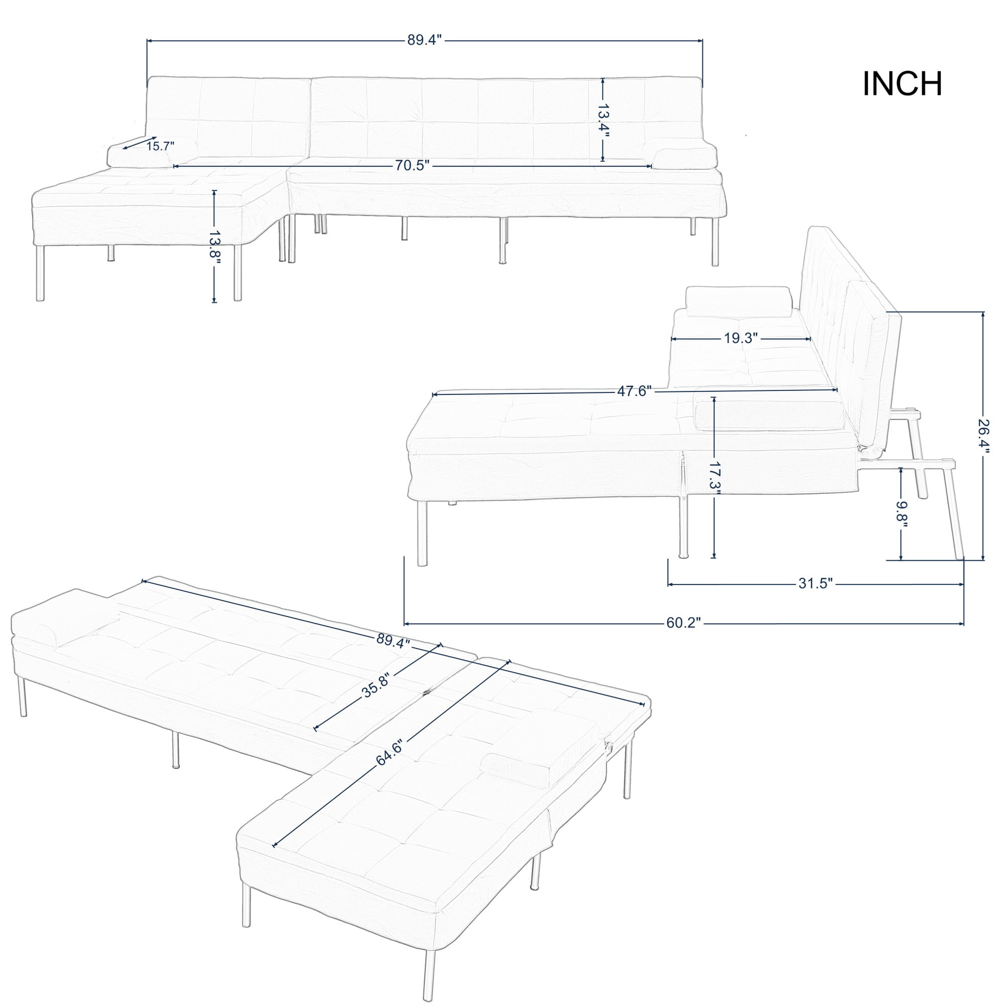 DEALTOPS 89.4” Convertible Sectional Sofa Bed, L-Shaped Futon with Reversible Chaise & 5-Position Backrest, Black