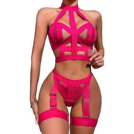 SkyAuks Sexy Choker Lingerie Set  Underwire Push Up Garter Belt Lingerie Set for Women  Pink  S