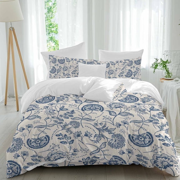 Farmhouse Navy Blue Floral Duvet Cover Set California King Size Linen Boho Paisley Flower Rustic Soft Lightweight Comforter Covers 4 Piece Bedding Set with 1 Duvet Cover 1 Bed Sheet & 2 Pillow Shams