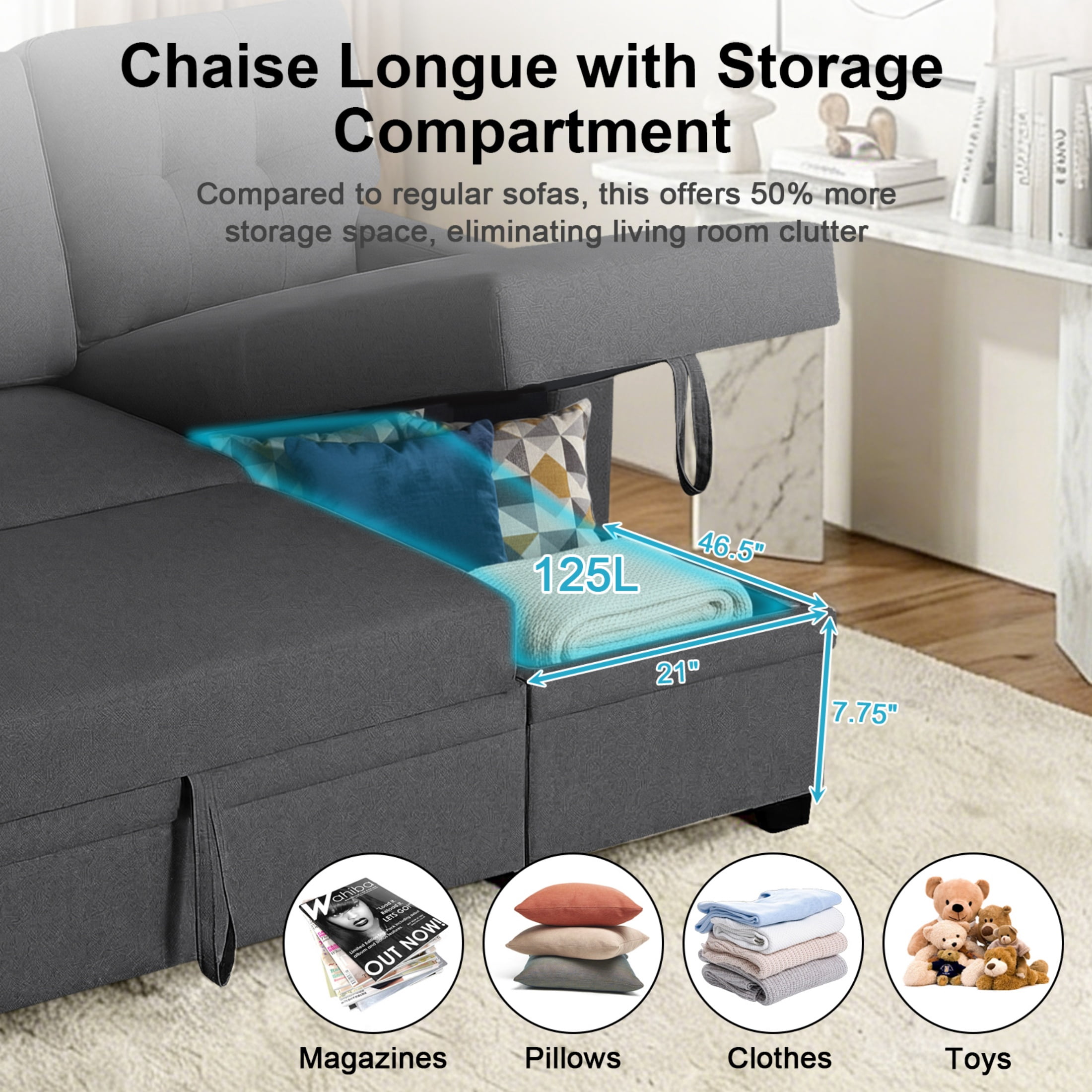 ShiKeyi 82" L Shaped Sleeper Sofa Bed, Sectional Sleeper Couch with Pull Out Bed, 3 Seat Convertible Sofa Bed with Storage Chaise, USB Charging Ports for Living Room, Dark Grey Linen Fabric