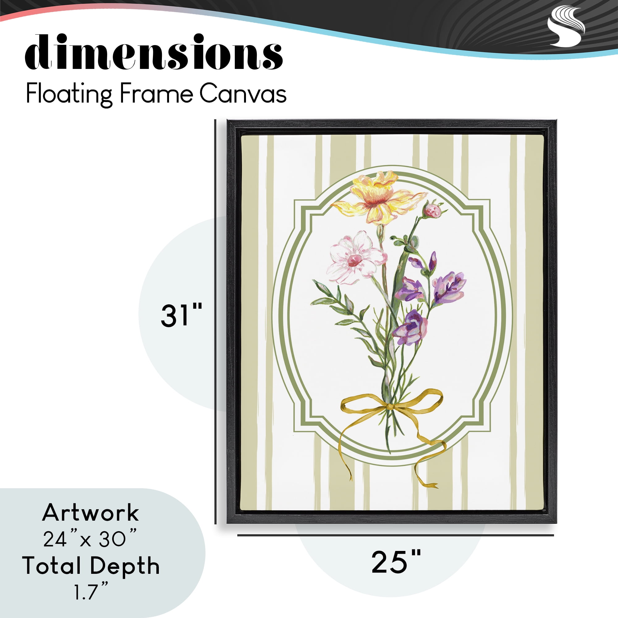Vintage Wildflowers with Ribbon Black Framed Floater Canvas Wall Art, design by Adonna Ebrahimi