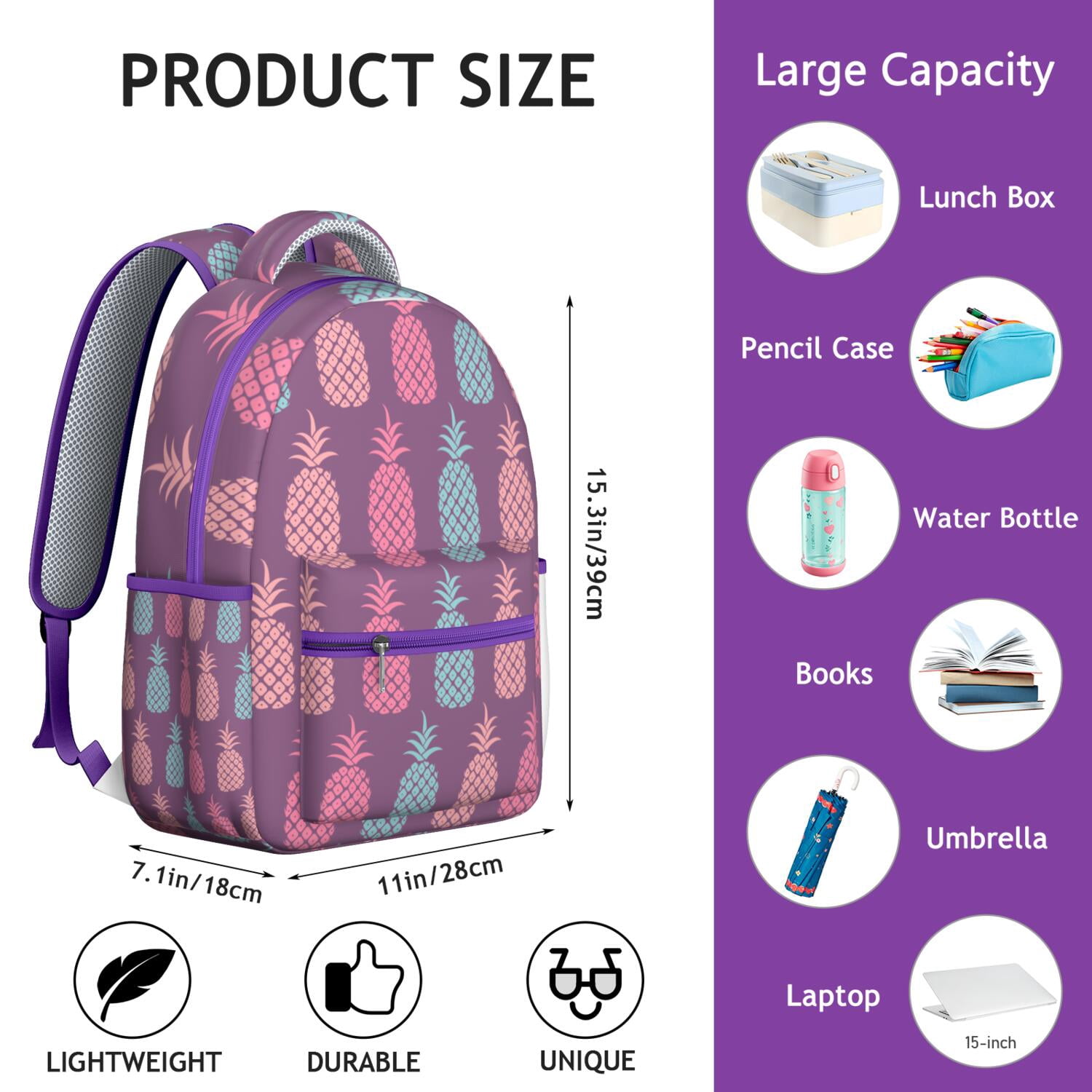 Pineapple Themed Travel Backpack – Stylish & Roomy for School & Weekend Trips, Durable Material, Comfortable Straps, Great Gift for Students