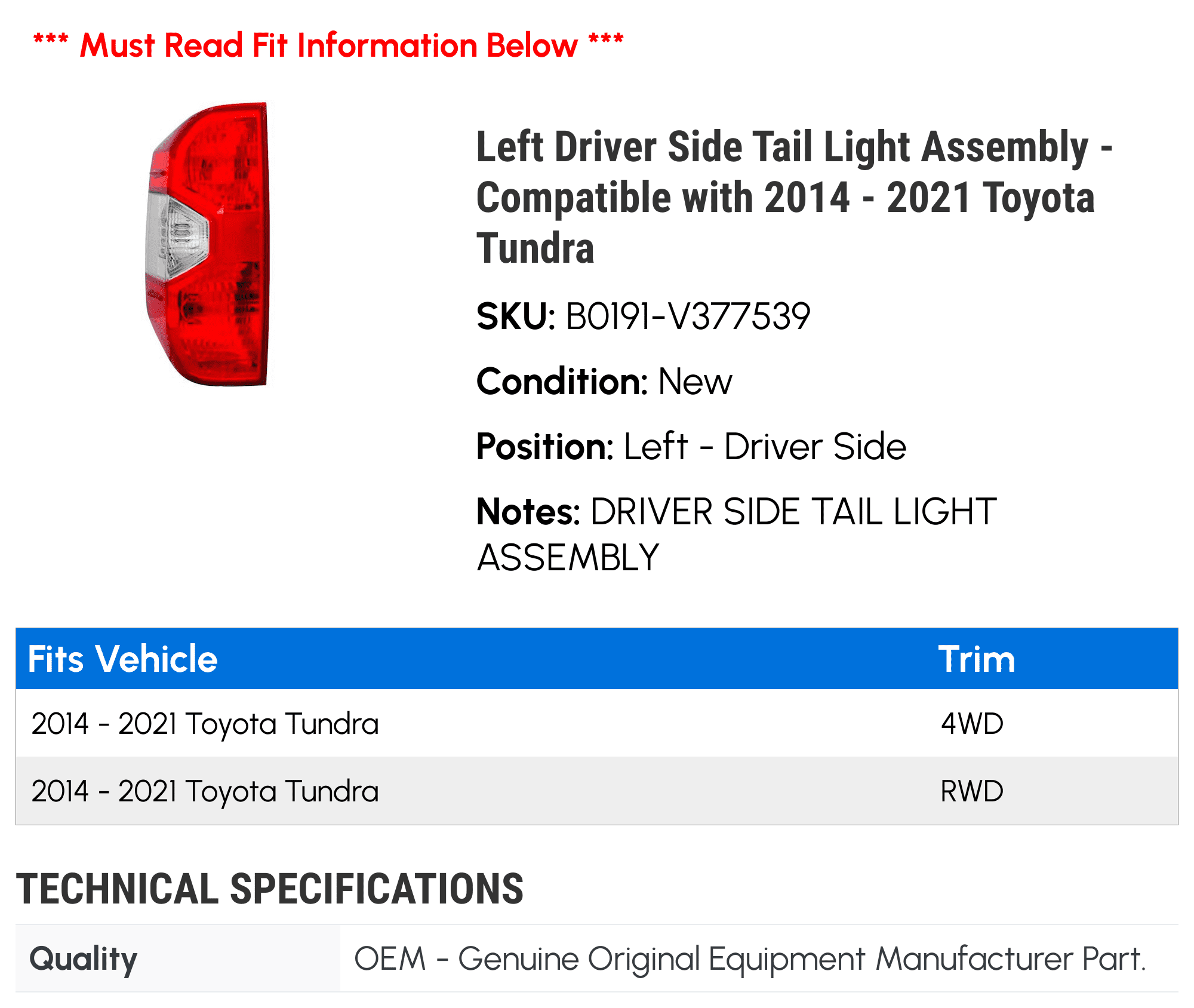 Left Driver Side Tail Light Assembly - Compatible with 2014 - 2021 Toyota Tundra 2015 2016 2017 2018 2019 2020
