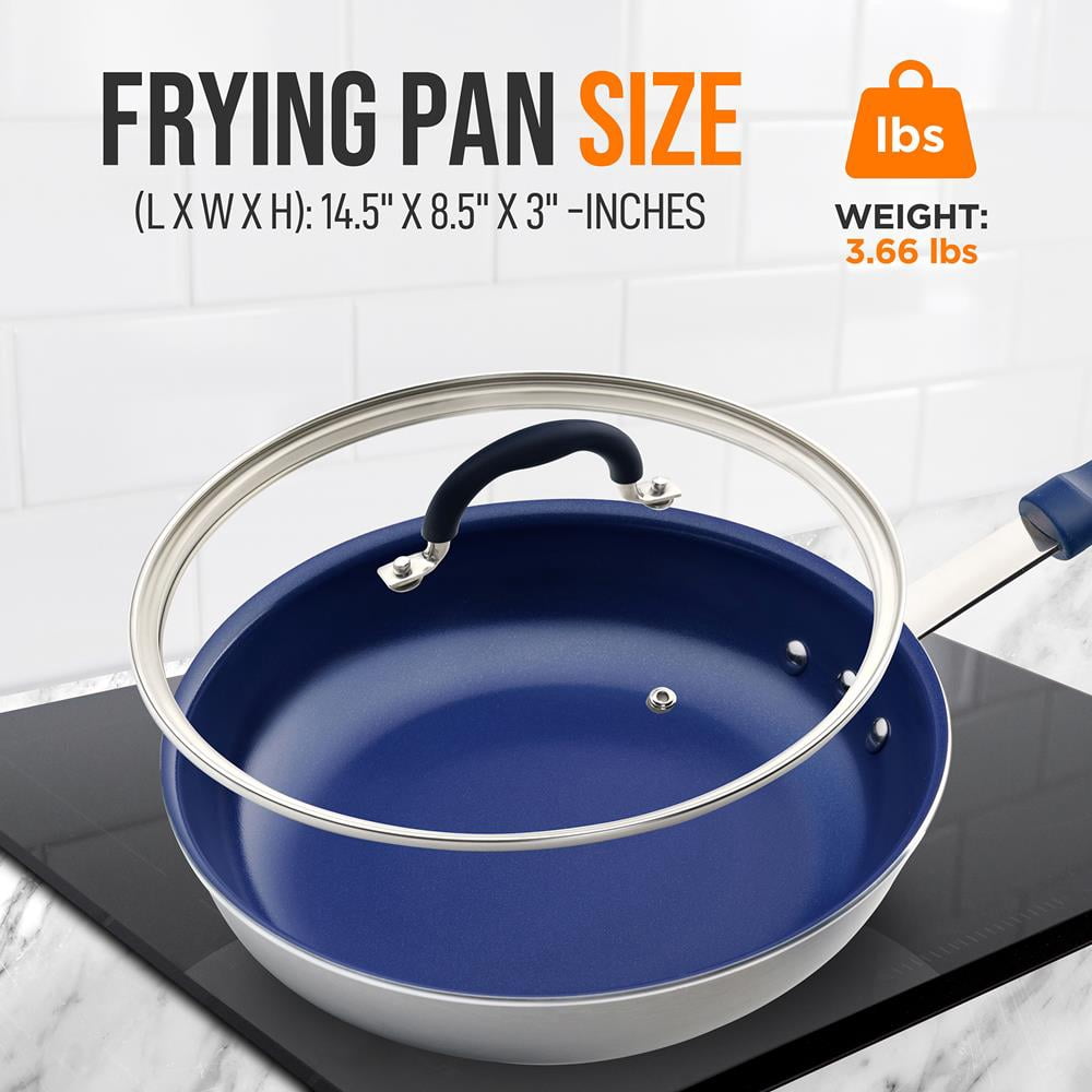NutriChef 8" Small Skillet Nonstick Frying Pan W/ Lid, Blue Silicone Handle, Ceramic Coating