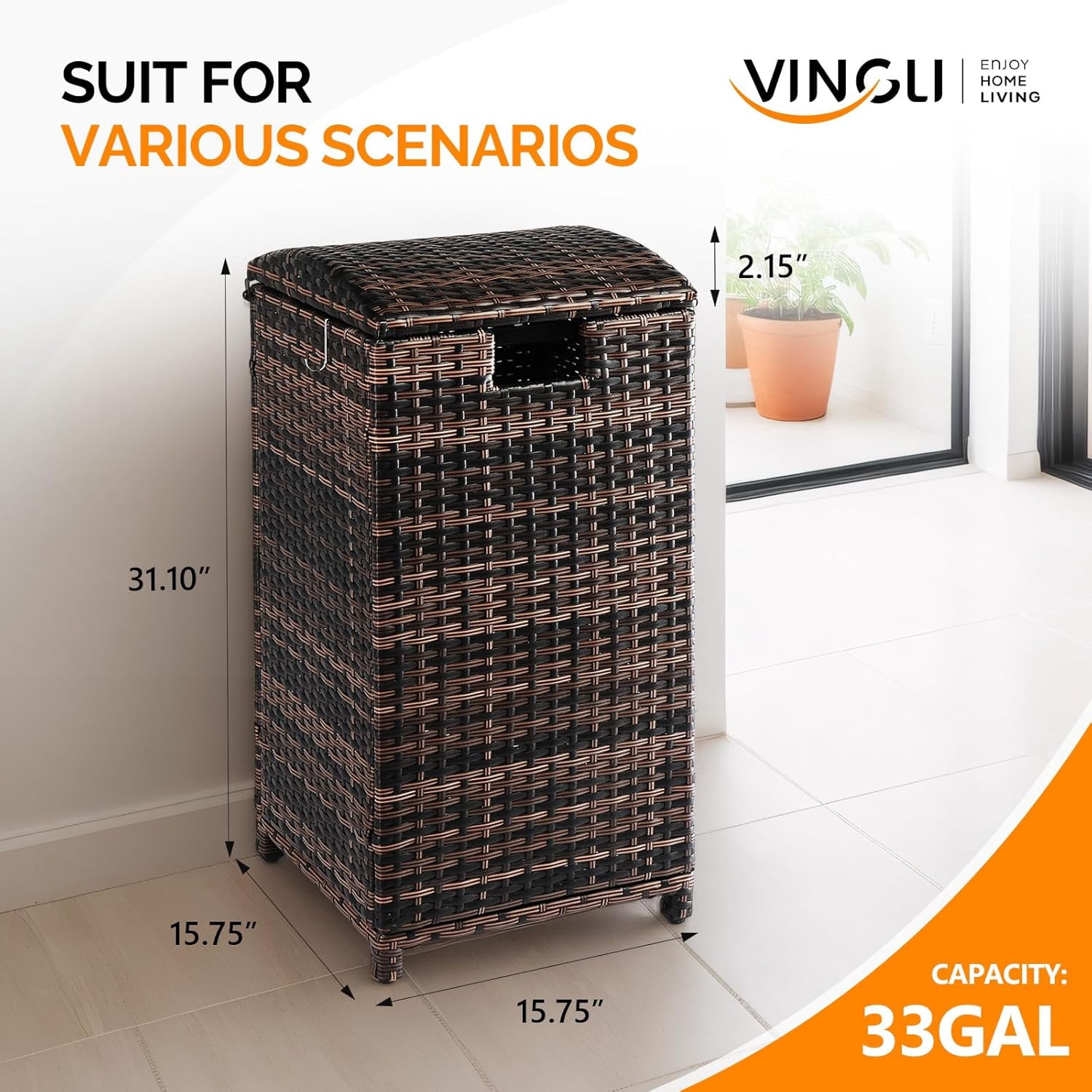 VINGLI Outdoor Trash Can, 33 Gallon Trash Can with Convenient Lid, Rattan Garbage Container with Side Hook, Weatherproof Patio Trash Can for Graden, Yard, Patio, Brown
