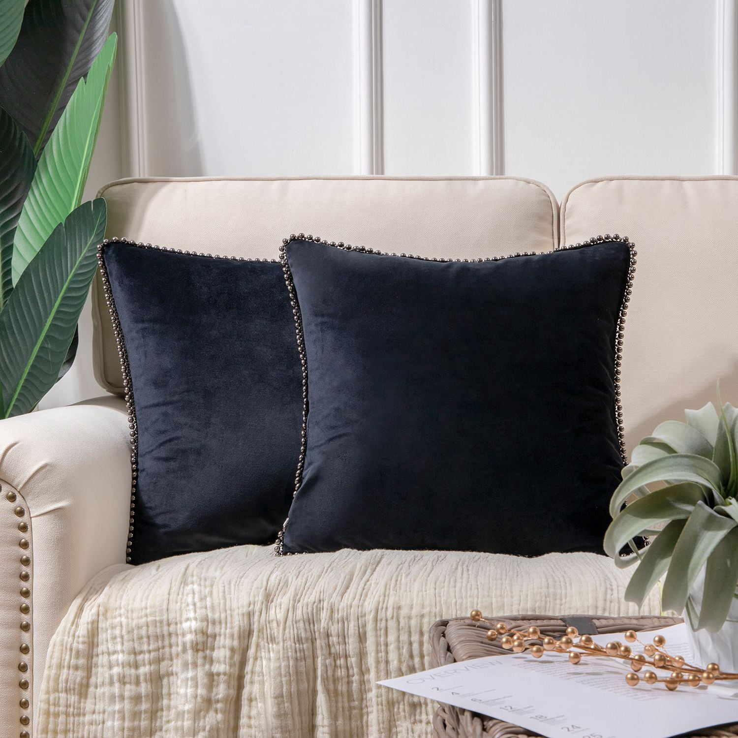 Phantoscope Velvet Decorative Throw Pillows with Inserts, Particle Trim, 18 x 18 in, Black, 2 Pack