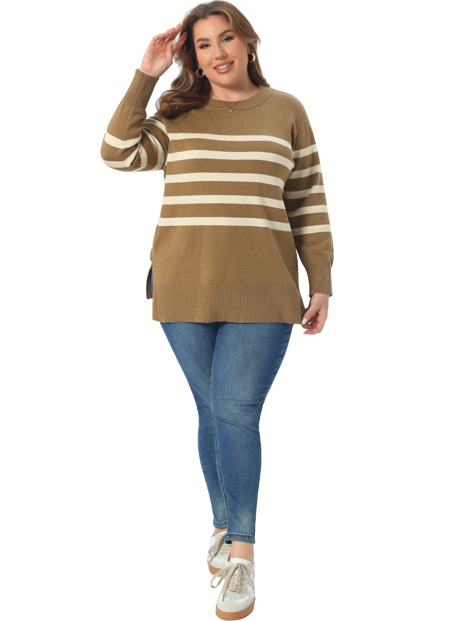 DARING DIVA Women's Plus Striped Long Sleeve Crewneck Pullover Sweater 2X Camel