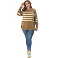 thumbnail image 3 of DARING DIVA Women's Plus Striped Long Sleeve Crewneck Pullover Sweater 1X Camel, 3 of 6