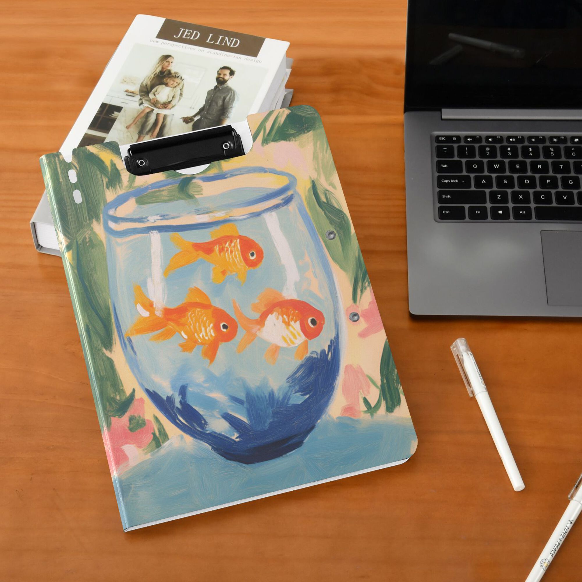 FORMRS A4 Clipboard Folder with Pen Holder Horizontal Foldable School Office Binder, Blue Goldfish Bowl