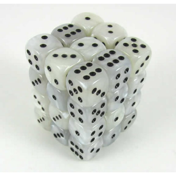 White Marbleized Dice with Black Pips D6 12mm (1/2in) Pack of 36 Koplow Games