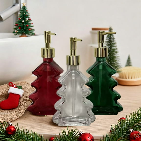 OEFNTAC Decorations Christmas Tree Glass Lotion Pump Bottle Push Dispenser 300ML Shower Gel Soap Bottle Decorative Bathroom Hotel Shampoo Conditioner Container for Festive 6.02x4.13x1.77in