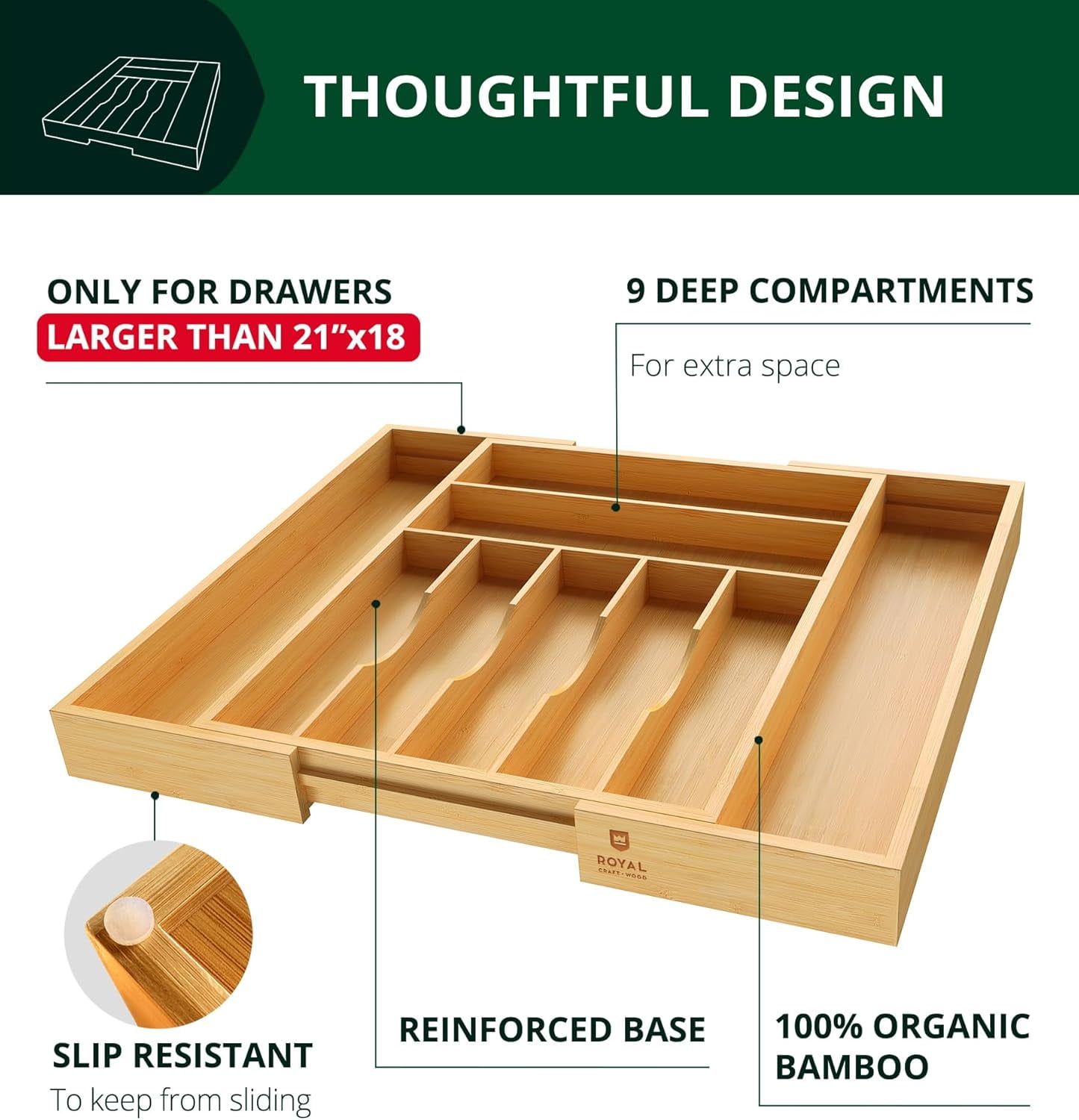 Royal Craft Wood Luxury Bamboo Kitchen Drawer Organizer - Silverware Organizer - Utensil Holder and Cutlery Tray with Grooved Drawer Dividers for Flatware and Kitchen Utensils (9 Slot, Natural)