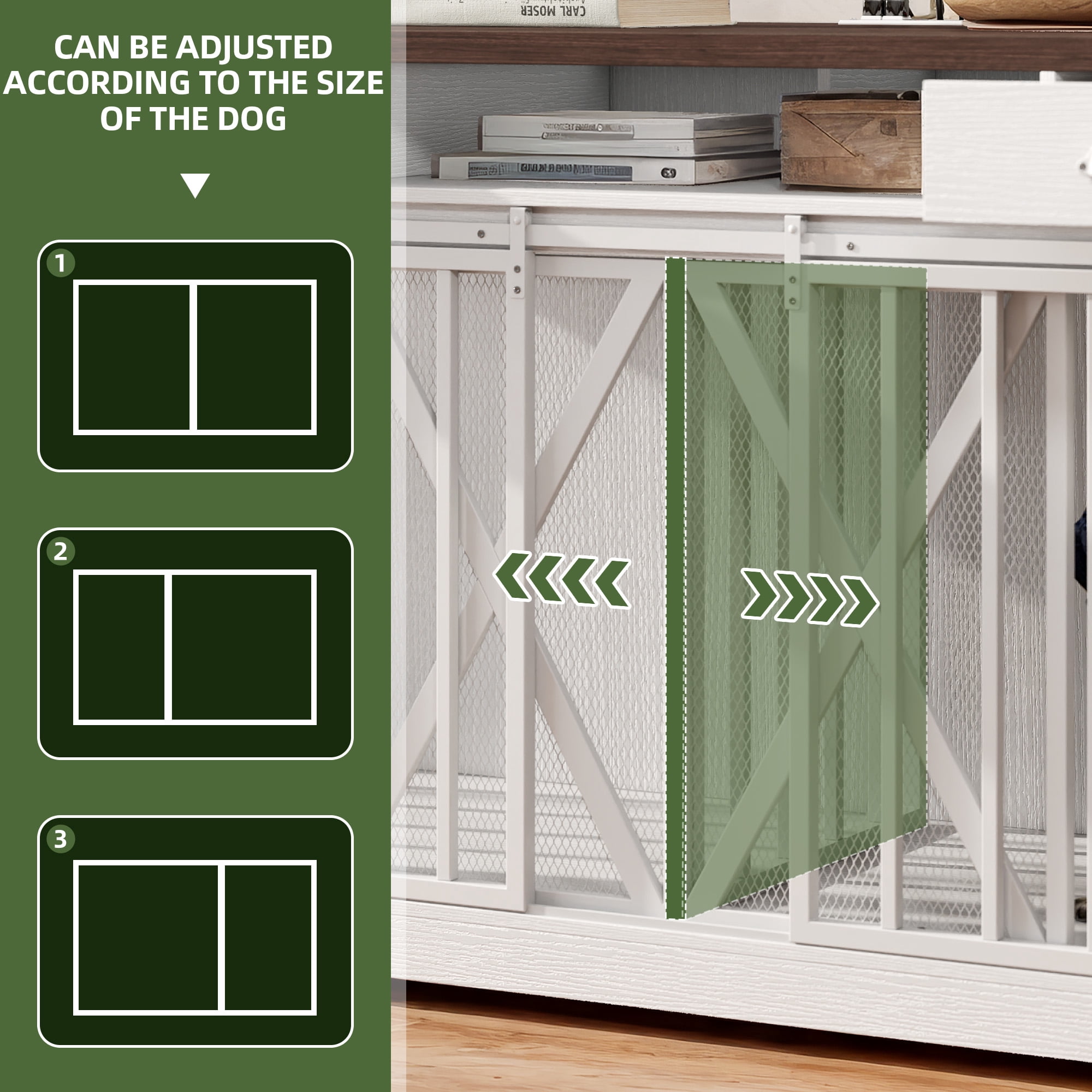 Uforic 63-inch Dog Crate Furniture,TV Stand with Charging Station,Dog Kennel with Double Sliding Barn Door - White