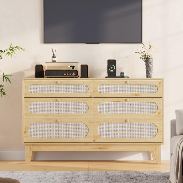 Commode à Tiroirs en Rotin, avec Ports USB et Prises pour Chambre