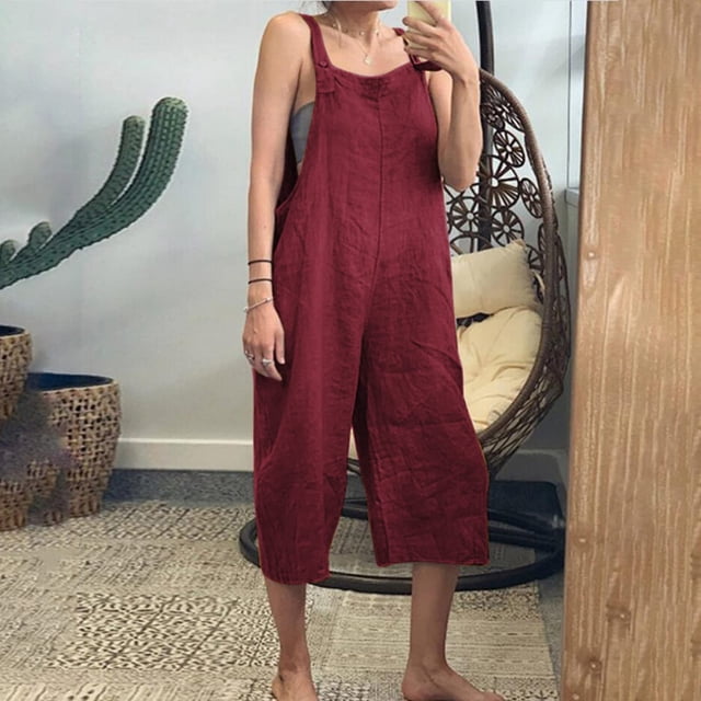 Moda mujer estilo étnico sólido hombro frío tirantes Cami pantalones mono Pompotops qyievc2355