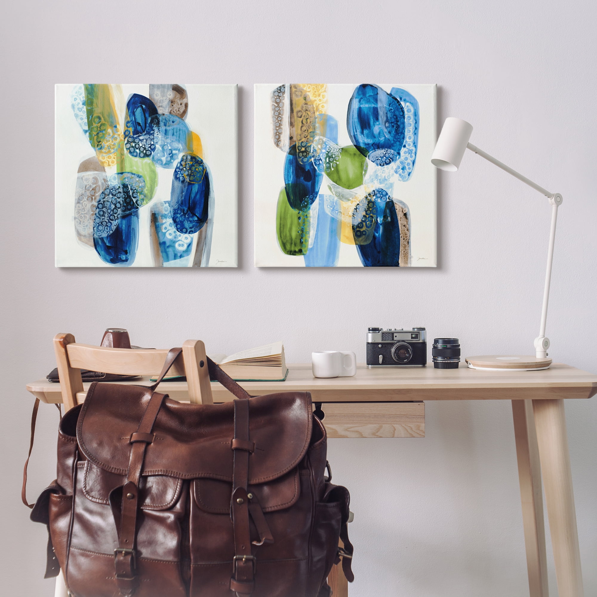 Stupell Industries Round Abstract Pebbled Shapes Layered Blue Tones Painting Gallery Wrapped Canvas Print Wall Art, Set of 2, Design by Liz Jardine