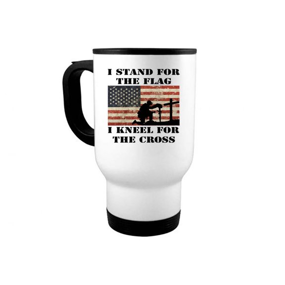 14oz Travel Mug, Patriotic Mug, I Stand For The Flag I Kneel For The Cross, Conservative Mug, Republican Gift, Christian Mug, Patriotic Gift, White